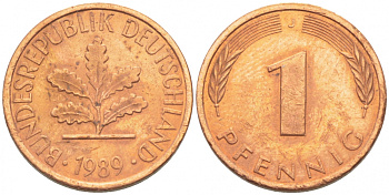 ФРГ 1 ПФЕННИГ 1989 J KM 105, J.380 сталь плакированная медью 4396-1541