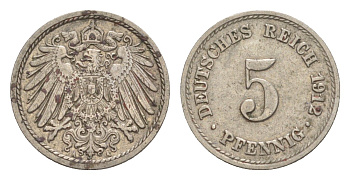 Германия 5 пфеннигов 1912 A, Вильгельм II (1888-1918) KM 11, J. 12 медно-никель 4640-139