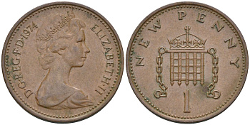 Великобритания 1 пенни 1974 Елизавета II (1952-2022) KM 915, Spink 4237 (B1) бронза 4115-668