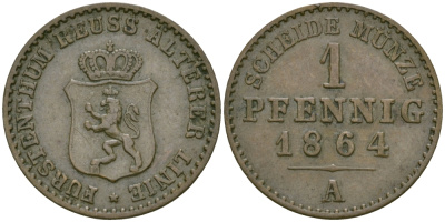 РЕЙС-ШЛАЙЦ 1 ПФЕННИГ 1864 А KM 69 медь 99-926