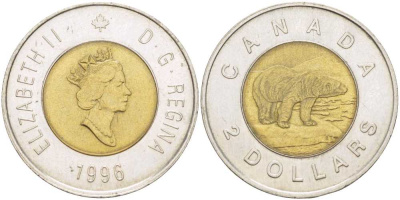 КАНАДА 2 ДОЛЛАРА 1996 ЕЛИЗАВЕТА II (1952-), ПОЛЯРНЫЙ МЕДВЕДЬ KM 270 биметалл 180-812