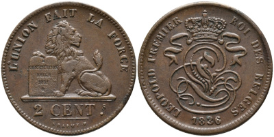 БЕЛЬГИЯ 2 САНТИМА 1836 BELGES KM 4.2 медь 95-637