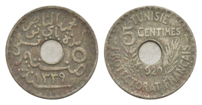 Тунис 5 сантимов 1920 A, ???? KM 242 никель латунь 1526-313
