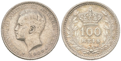 Португалия 100 реалов 1909 Мануэл II (1908-1910) KM 548 серебро 4611-314