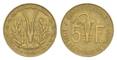 Западная Африка (BCEAO) 5 франков 1994 KM 2a медь алюминий никель 4640-1011