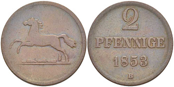 БРАУНШВЕЙГ-ВОЛЬФЕНБЮТТЕЛЬ 2 ПФЕННИГА 1853 В, ВИЛЬГЕЛЬМ (1831-1884) KM 1143 медь 210-154