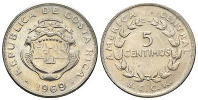 Коста-Рика 5 сентимо 1969  KM 184.2 медно-никель  UNC  4609-568