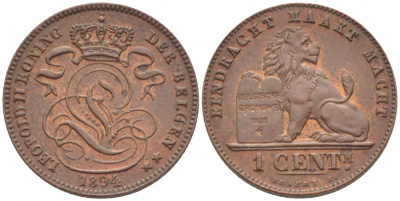 БЕЛЬГИЯ 1 САНТИМ 1894 BELGEN KM 34.1 медь 116-717