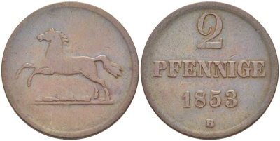 БРАУНШВЕЙГ-ВОЛЬФЕНБЮТТЕЛЬ 2 ПФЕННИГА 1853 В, ВИЛЬГЕЛЬМ (1831-1884) KM 1143 медь 210-154