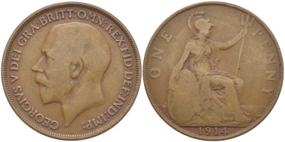 Великобритания 1 пенни 1914 Георг V (1910-1936) KM 810, Spink 4051 бронза 111-1233