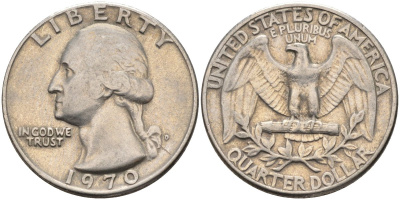 США 25 центов (квотер) 1970 D, Вашингтон КМ 164а медь плакированная медно-никелем 4584-952