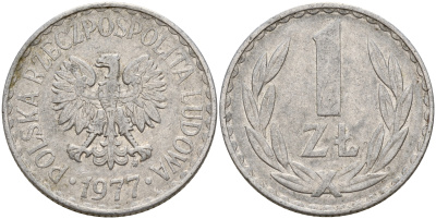 Польша 1 злотый 1977 MW KM 49.1 алюминий    4603-913