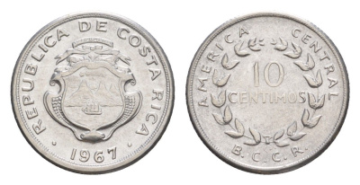 Коста-Рика 10 сентимо 1967 KM 185.1a нержавеющая сталь UNC 4644-337