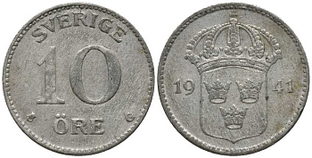 Швеция 10 эре 1941 G, Густав V (1907-1950) КМ 780 серебро 201-1055