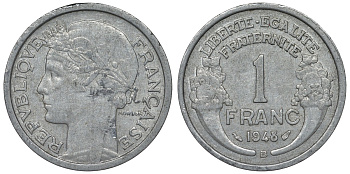 Франция 1 франк 1948 В KM 885а.2, Le Franc 221.14 алюминий 4128-326