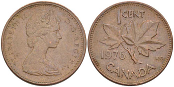 Канада 1 цент 1976 Елизавета II (1952-2022), кленовый лист KM 59.1 бронза 54-723