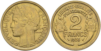 ФРАНЦИЯ 2 ФРАНКА 1938 ТИП MORLON KM 886, LE FRANC 268.11 алюминиевая бронза 3855-121