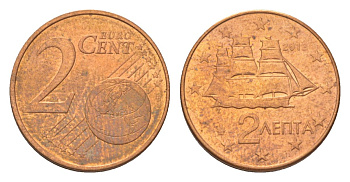 Греция 2 евроцента 2012 KM 182 сталь плакированная медью 4627-1133