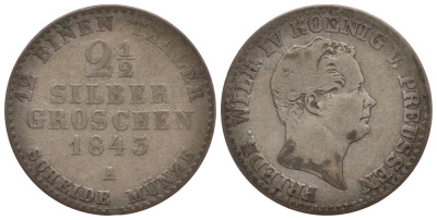 ПРУССИЯ 2 1/2 ГРОША 1843 A KM 444 серебро 186-627