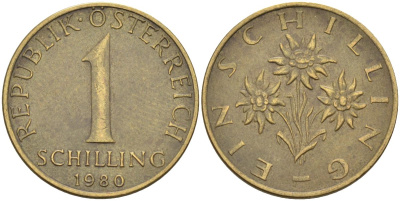 Австрия 1 шиллинг 1980 KM 2886 алюминиевая бронза 4592-1016