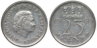 Нидерланды 25 центов 1969 Юлиана (1948-1980) KM 183 никель 71-1032