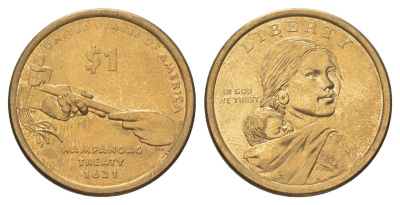 США 1 доллар 2011 D, Коренные Американцы - Договор с Вампаноагами KM 503 медь с марганцево-латунным покрытием UNC 4629-314