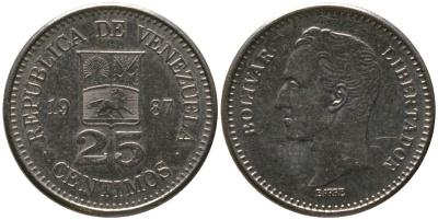 Венесуэла 25 сентимо 1987 Симон Боливар KM 50.2 никель 4576-747