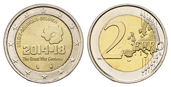 Бельгия 2 евро 2014 100 лет началу Первой Мировой войны KM 345 биметалл UNC 4693-1222