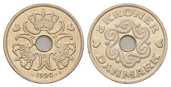 Дания 5 крон 1990 Маргрете II (1972-2024) KM 869 медно-никель UNC 175-753