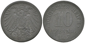 Германия 10 пфеннигов 1917 Вильгельм II (1888-1918) KM 26, J. 299 цинк 4615-753