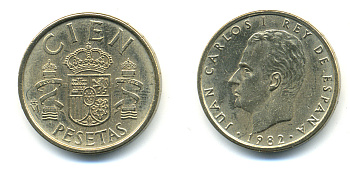 ИСПАНИЯ 100 ПЕСЕТ 1982 ХУАН КАРЛОС I (1975-) KM 826 алюминиевая бронза 83-1113