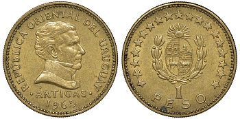 Уругвай 1 песо 1965 KM 46 алюминиевая бронза 190-1156