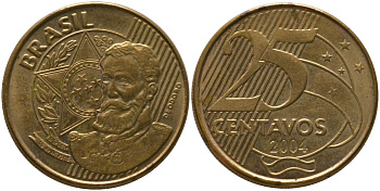 Бразилия 25 сентаво 2004 KM 650, Schon 158 сталь плакированная бронзой 4525-346