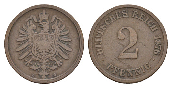 Германия 2 пфеннига 1876 D, Вильгельм I (1871-1888) KM 2, J. 2, Weege 3 медь 4639-1169
