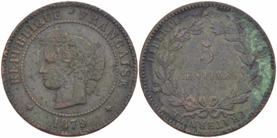 ФРАНЦИЯ 5 САНТИМОВ 1879 А, ТРЕТЬЯ РЕСПУБЛИКА (1871-1940) KM 821.1, LE FRANC 118.20 бронза 108-626