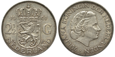 Нидерланды 2 1/2 гульдена 1961 Юлиана (1848-1980) KM 185 серебро 443-1133