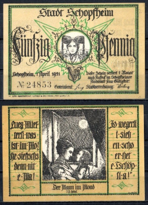 Шопфхайм (Баден) 50 пфеннигов 1921 Mehl Grabowski 1201.2-2/6 бумага UNC (пресс) 7553-5-2-1