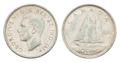 Канада 10 центов 1947 Георг VI (1936-1952), парусник KM 34 серебро 4639-551