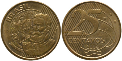 Бразилия 25 сентаво 2004 KM 650, Schon 158 сталь плакированная бронзой 4525-346