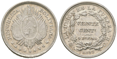 Боливия 20 сентаво 1897 KM 159.2 серебро 1530-713
