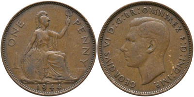 Великобритания 1 пенни 1944 Георг VI (1936-1952) КМ 845, Spink 4114 бронза 115-422