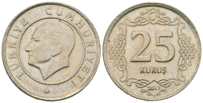 Турция 25 курушей 2011 KM 1242 медно-никель UNC 4621-463