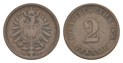 Германия 2 пфеннига 1876 D, Вильгельм I (1871-1888) KM 2, J. 2, Weege 3 медь 4639-1169