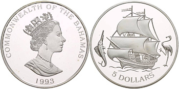 Багамские острова 5 долларов 1993 парусник, фламинго, марлин KM 170 серебро PROOF 1081-7-44