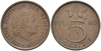 Нидерланды 5 центов 1980 Юлиана (1948-1980) KM 181 бронза 4573-413