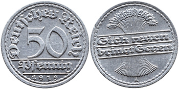 ГЕРМАНИЯ 50 ПФЕННИГОВ 1919 A KM 27, J. 301 алюминий 4390-844