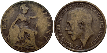 Великобритания 1/2 пенни 1917 Георг V (1910-1936) KM 809, Spink 4056 бронза 51-737