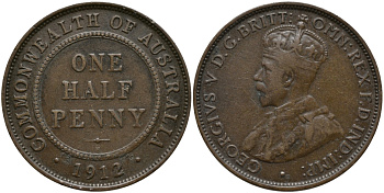 АВСТРАЛИЯ 1/2 ПЕННИ 1912 H, ГЕОРГ V KM 22 бронза 84-1323