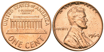 США 1 цент 1964 Линкольн, из ролика KM 201 медь цинк  UNC  M58-20