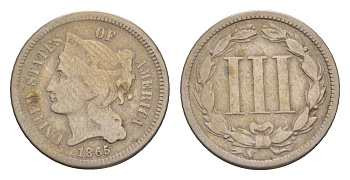 США 3 цента 1865 KM 95 медно-никель 1520-1114